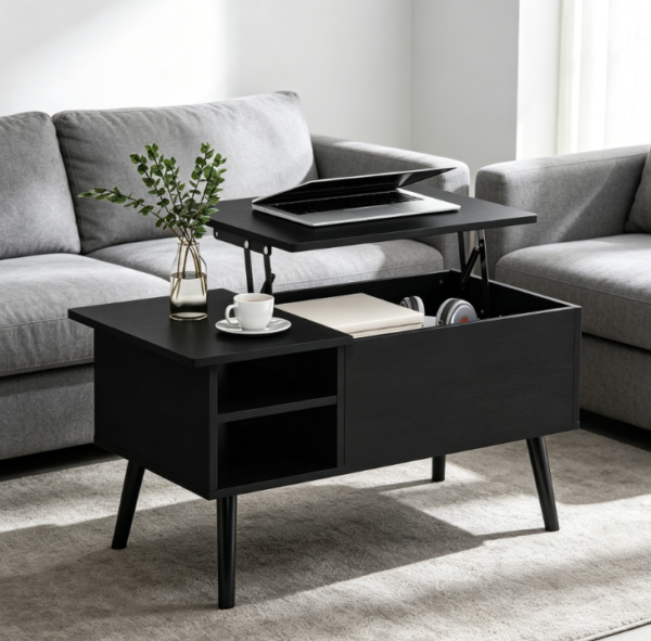 Lift Top Coffee Table with Hidden Compartment and Side Shelf, Wood Legs, Americano Finish