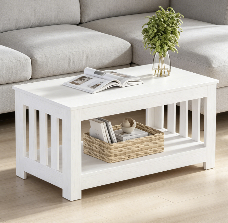 Large White Coffee Table, 2-Tier Rectangular for Living Room