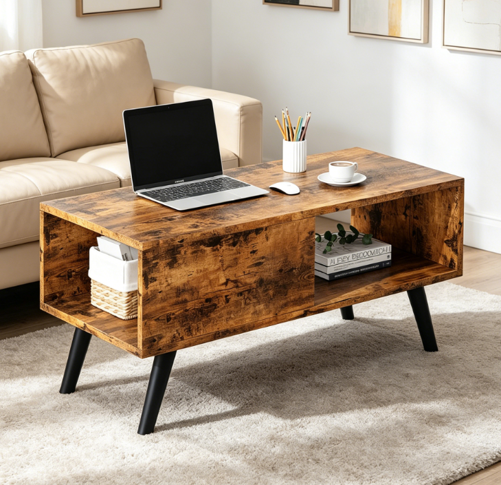 Mid-Century Coffee Table, Wooden with Open Shelf, Wood Grain Finish, Brown, 39.4x19.7x18.5 in