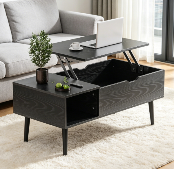 Modern Lift Top Coffee Table with Storage Shelf and Hidden Compartment, Black